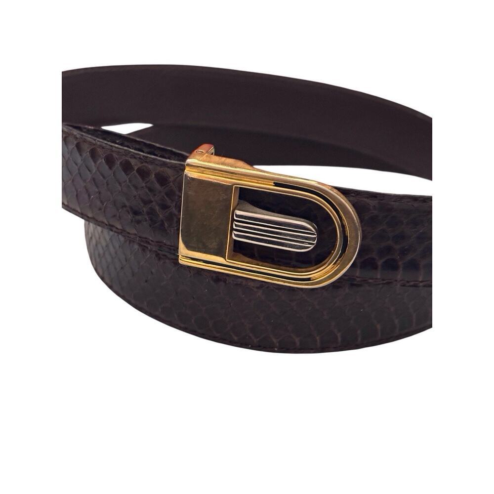 Genuine Snakeskin On Leather Brown Belt Size 34” Skinny Dress Gold Hardware - Picture 3 of 7